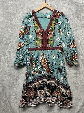 Akemi + Kin Anthropologie Embroidered Beaded Boho Dress Size 10 Blue Floral